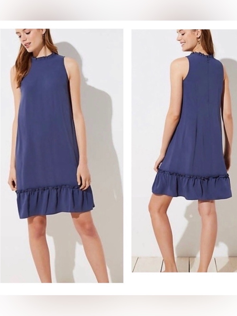Loft Ruffled Hem and Neckline Blue Petite women's Dress Size 8P
